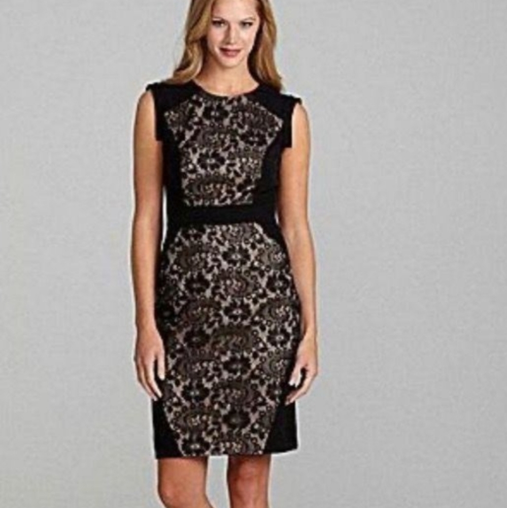 ADRIANNA PAPELL Blue Lace Overlay Shift Dress Sz 4